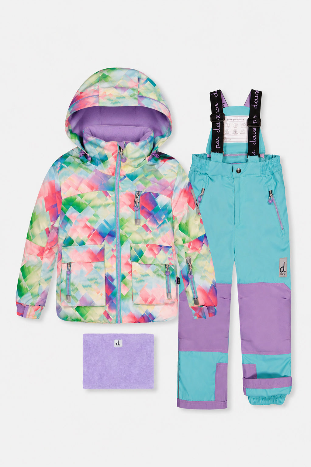 Two Piece Play Snowsuit Multicolored With A Diamond Pattern With Turquoise And Purple Pants-0