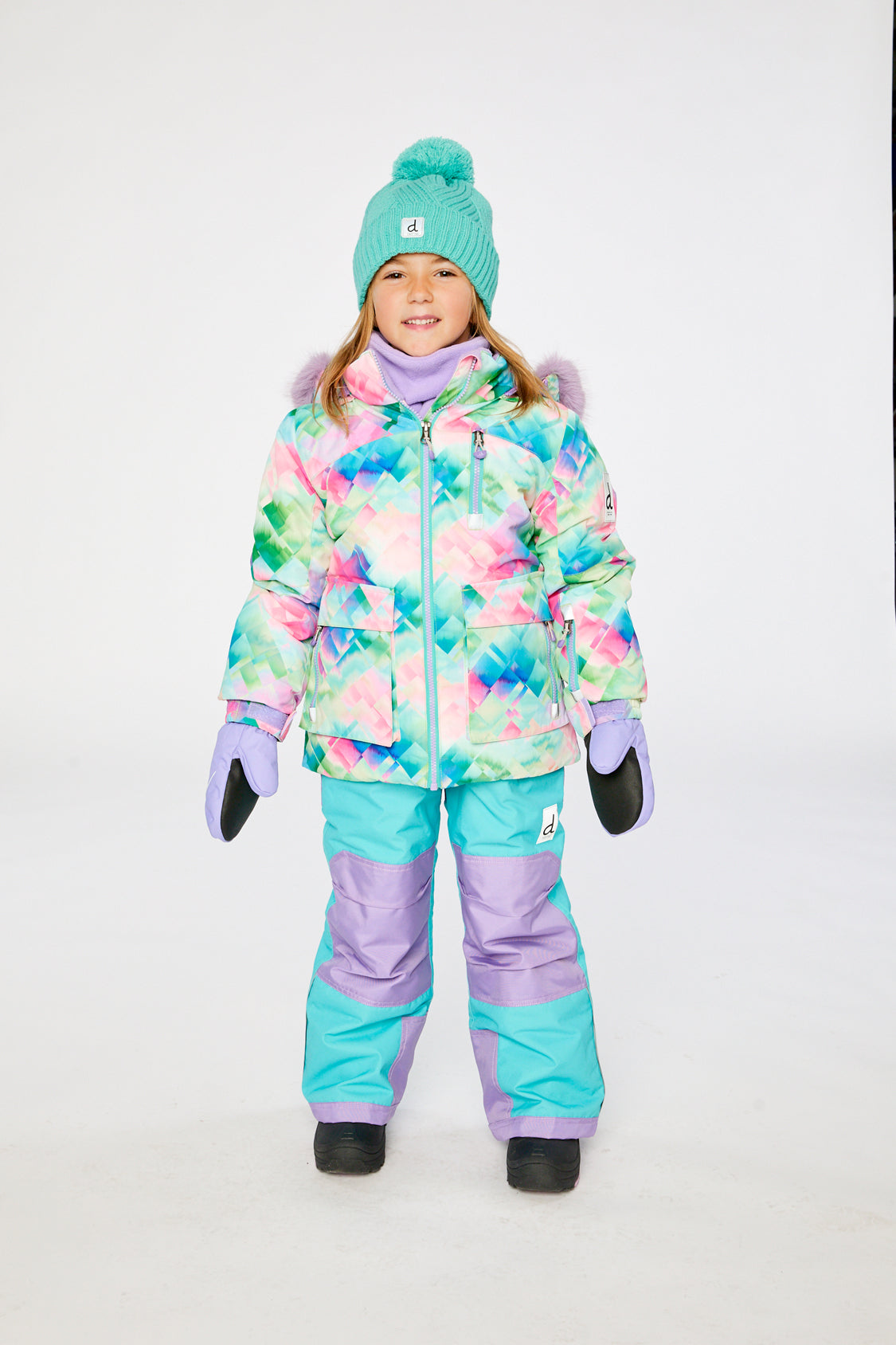 Two Piece Play Snowsuit Multicolored With A Diamond Pattern With Turquoise And Purple Pants-1