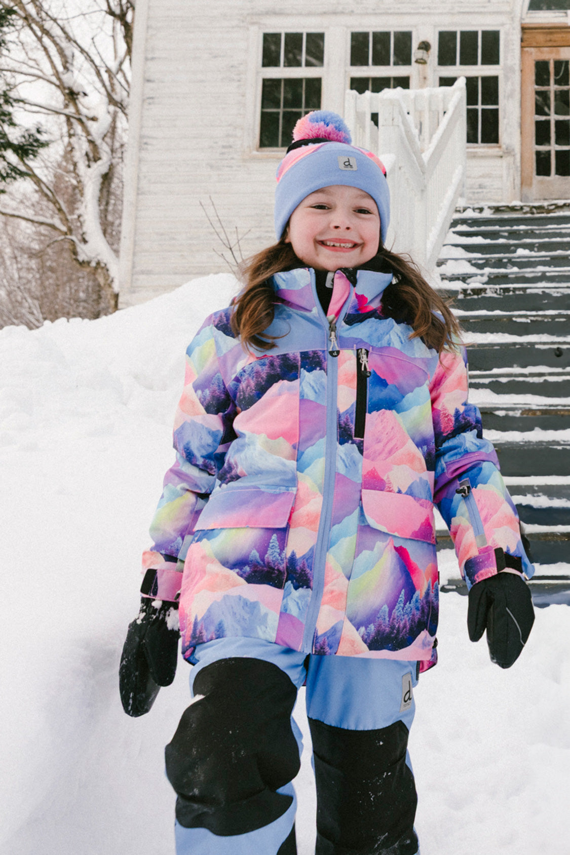 Two Piece Play Snowsuit Pink Mountain Print With Blue Pants-1
