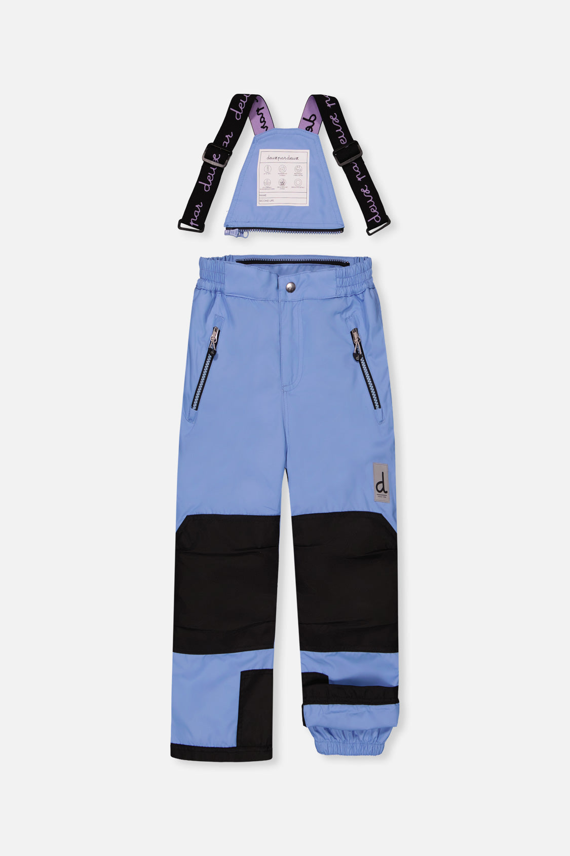 Blue PLAY bib snow pants with suspenders and black reinforced knees, front view