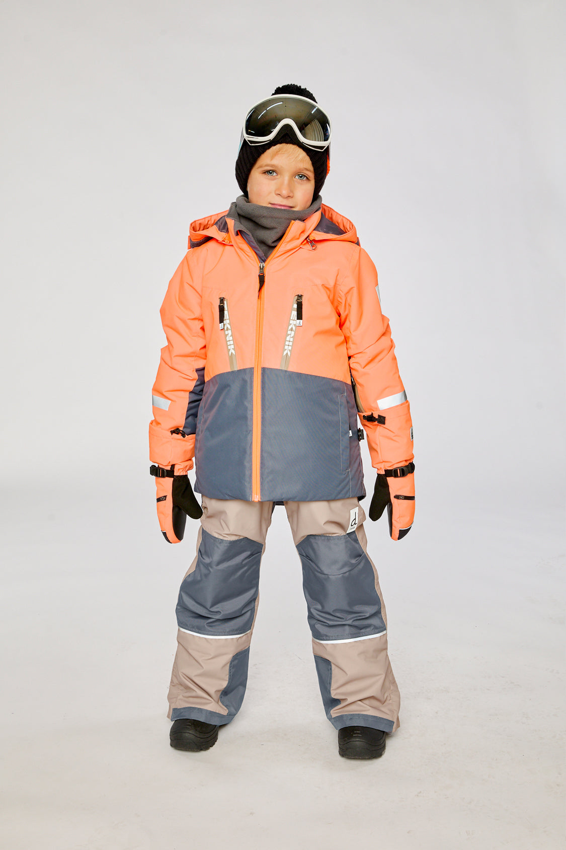 Two Piece Teknik Snowsuit Bright Orange Grey And Taupe-1