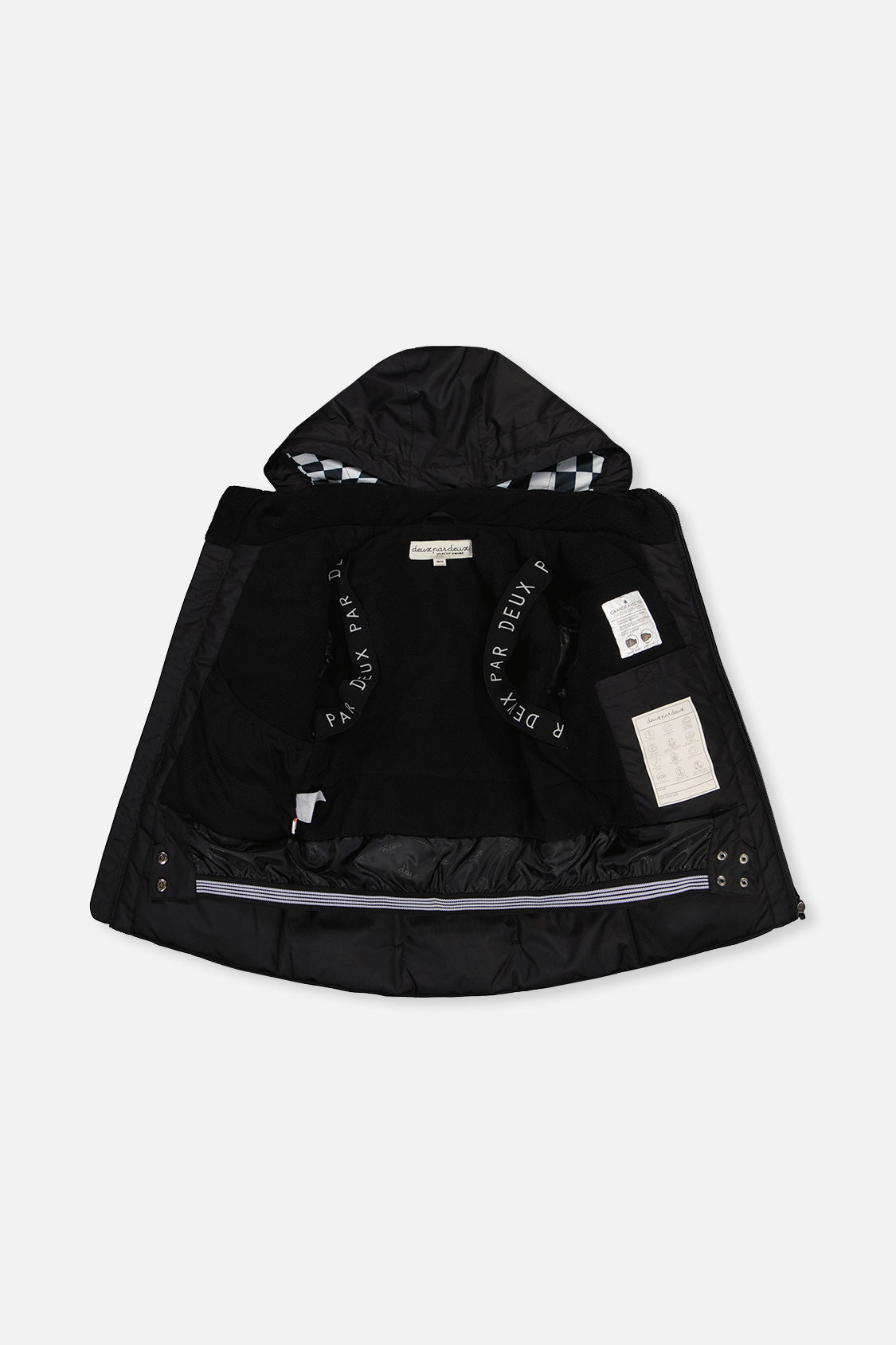 Deux par Deux boys' TEKNIK snowsuit with black jacket and white checkered snow pants, additional angle