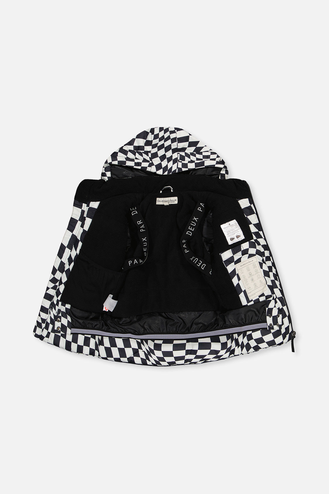 Checkered TEKNIK jacket opened to show the black fleece lining and inner straps