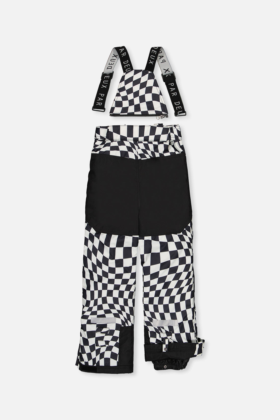 Back view of the checkered TEKNIK snow pants with black reinforced seat