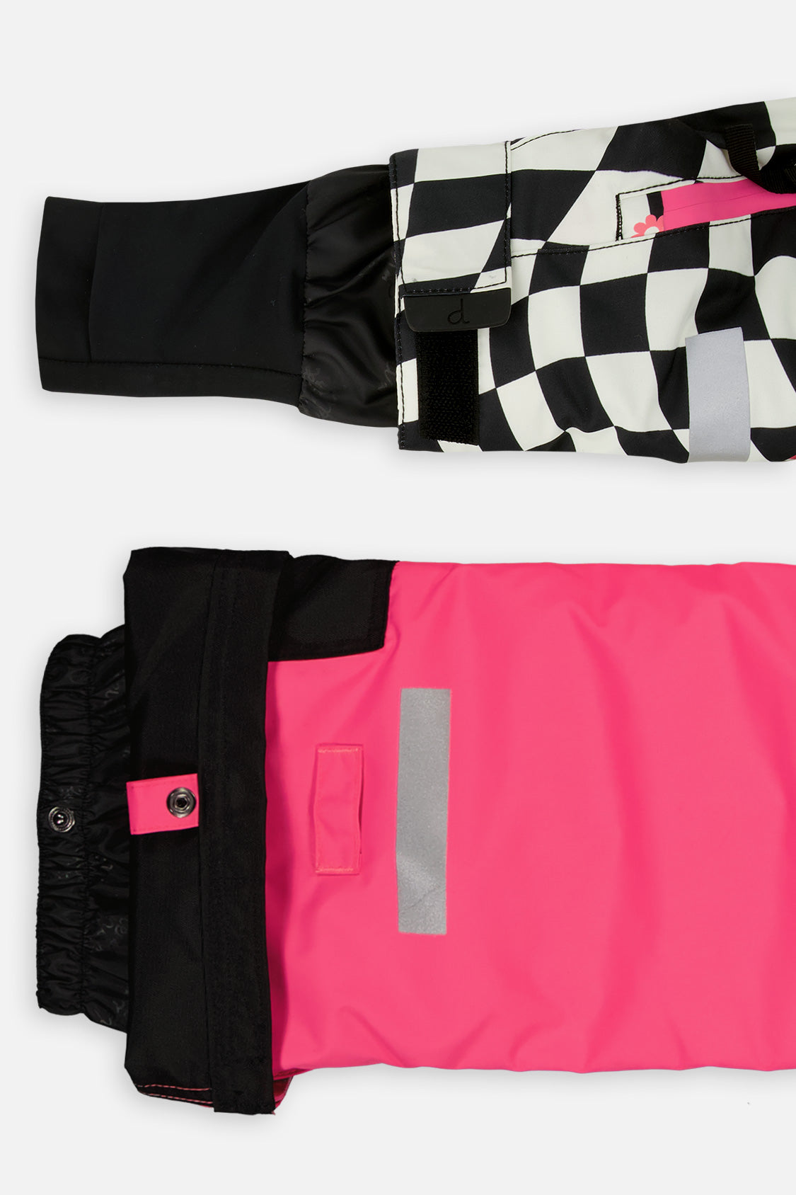 Deux par Deux girls' TEKNIK two-piece snowsuit in bright pink checkered print, another product angle