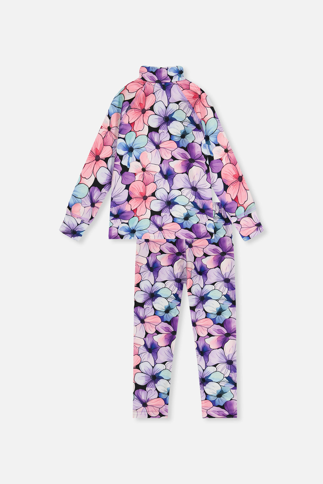 Deux par Deux girls' two piece thermal underwear in purple floral print, back view