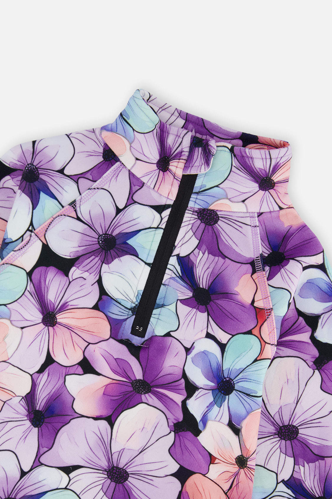 Close-up of the half-zip mock neck on the purple floral thermal top