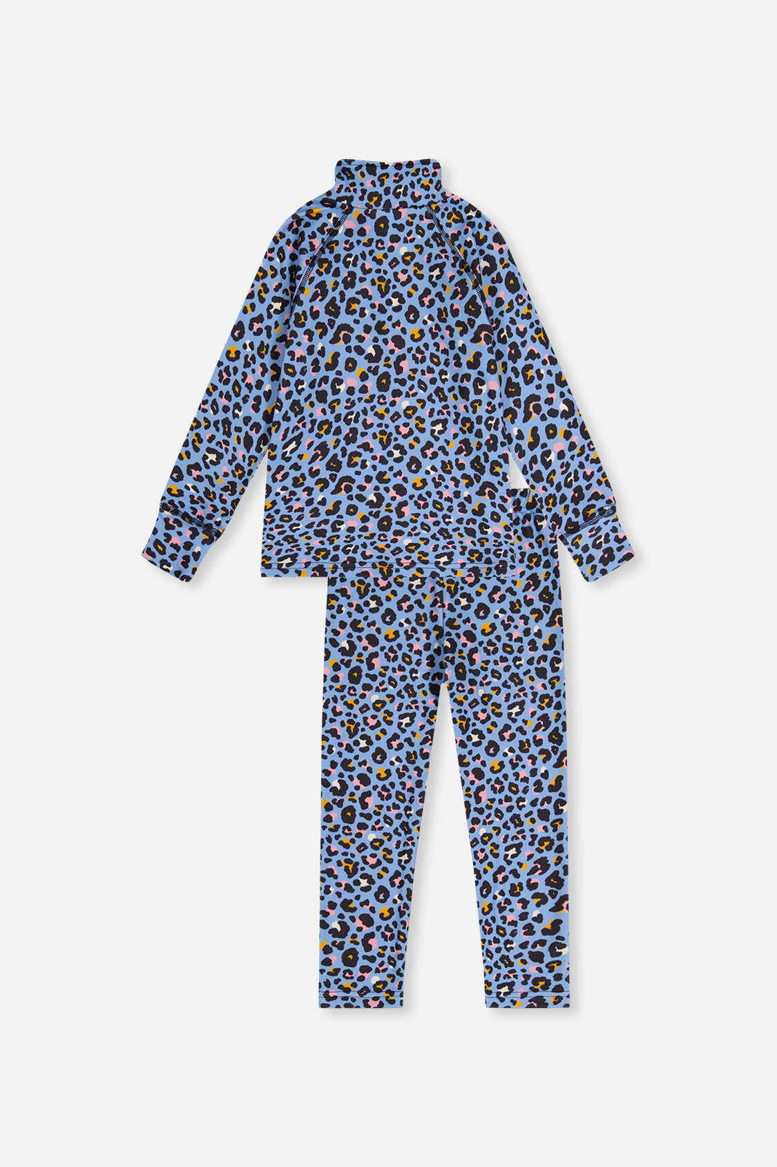 Blue leopard print Deux par Deux two piece thermal underwear set, flat lay back view