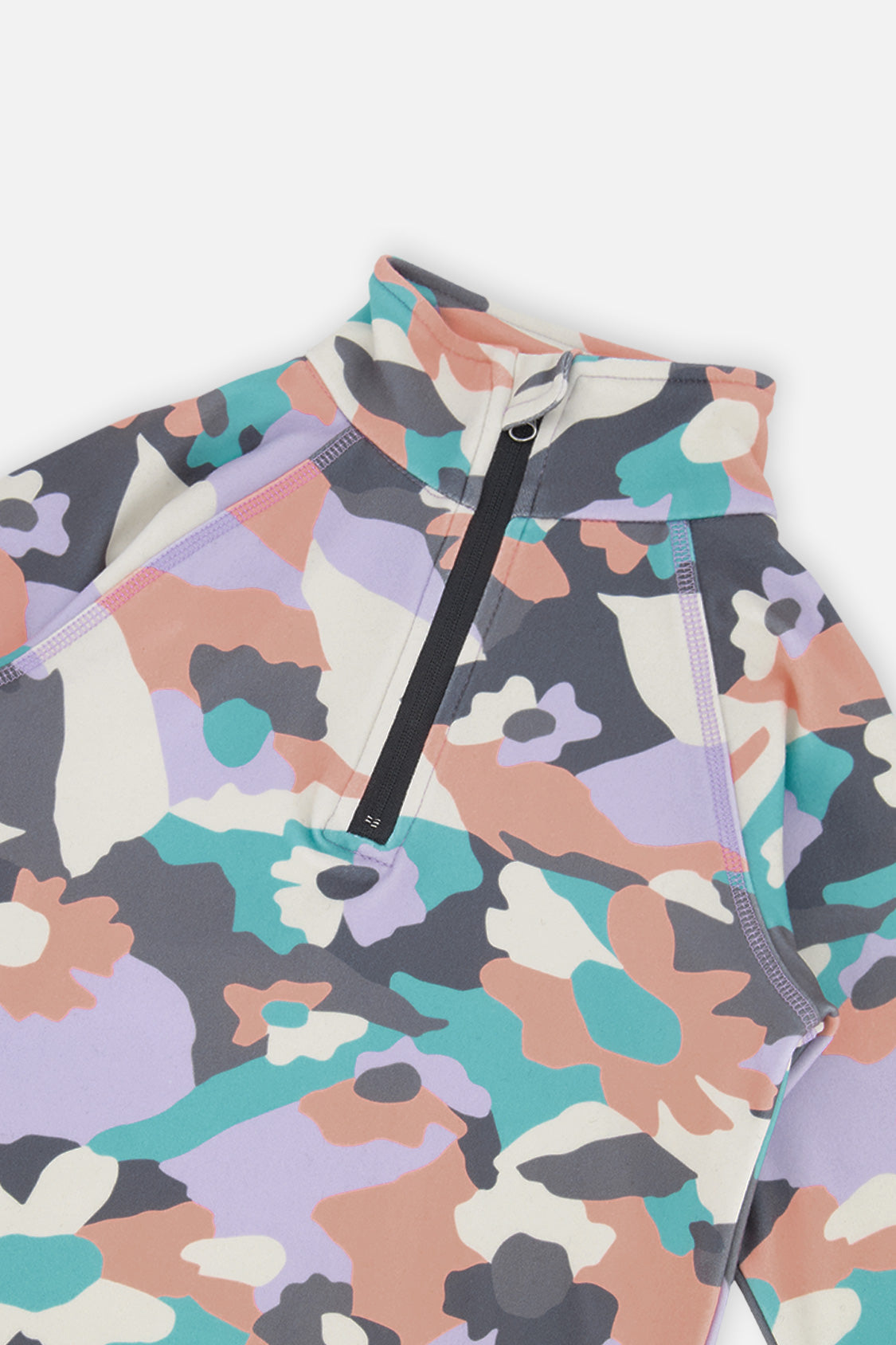 Close-up of the half-zip mock neck and raglan seam on the coral camouflage thermal top