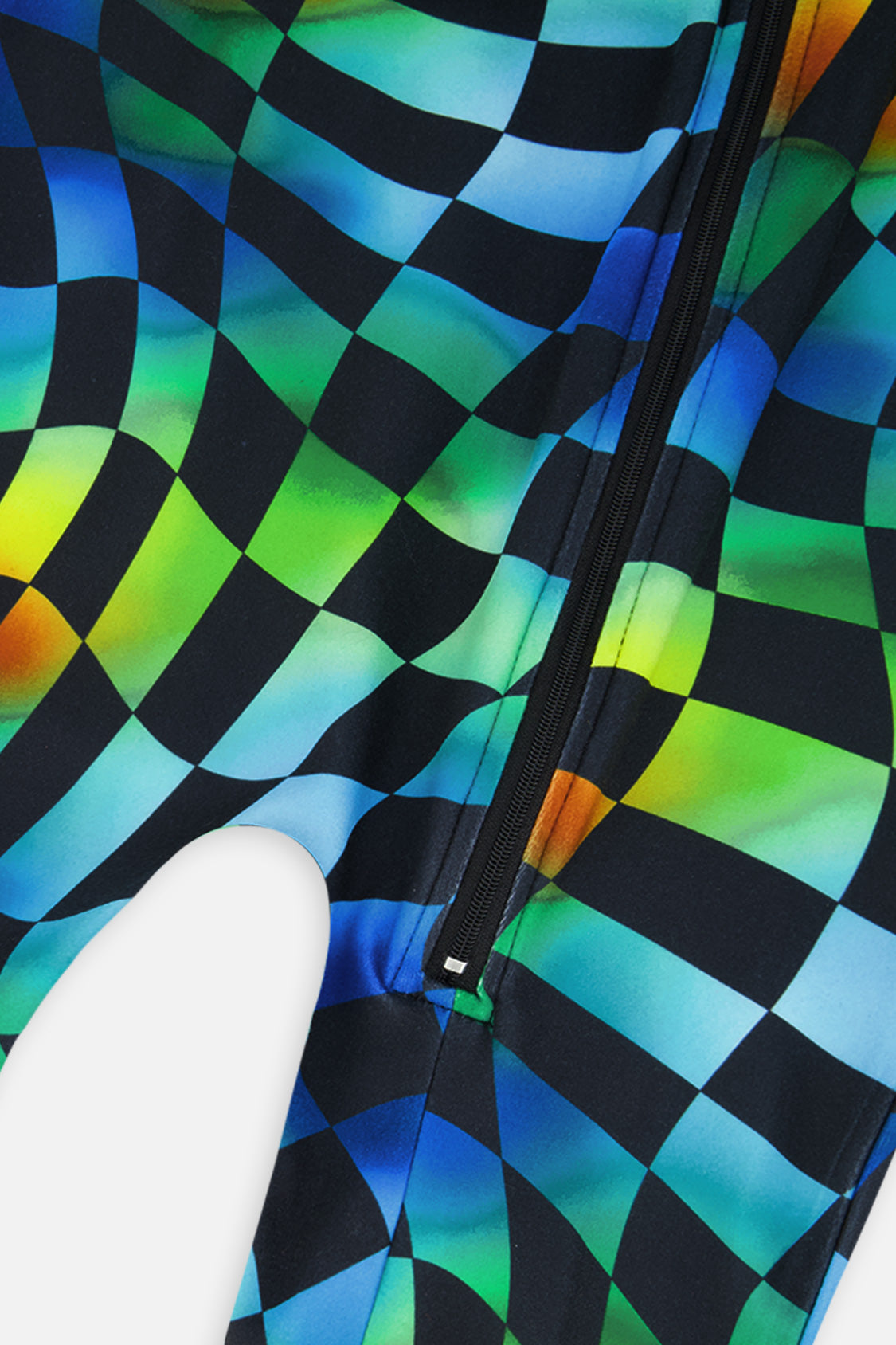 Close-up of the zip and blue green and yellow checkered print on the Deux par Deux thermal underwear
