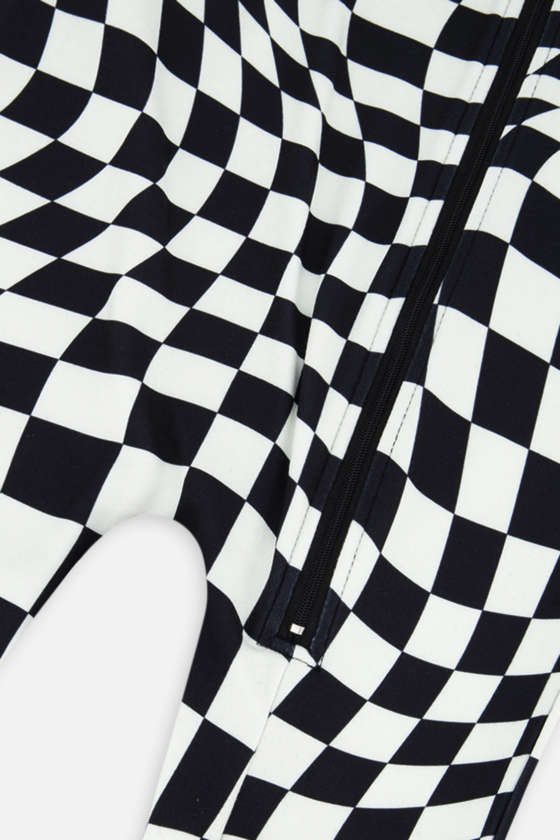 Close-up of the front zipper and wavy checkered print on the black and white Deux par Deux one piece thermal underwear