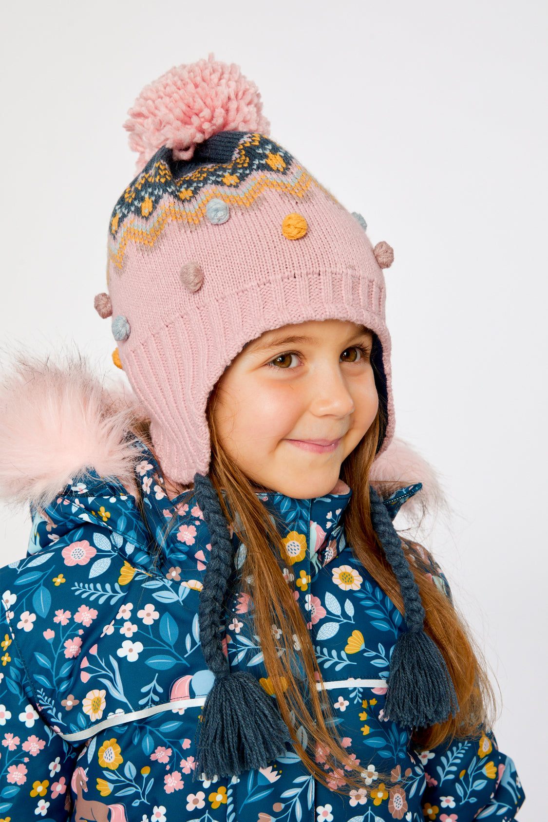 Winter Peruvian Knit Hat With Pompom Pink And Blue Jacquard-1