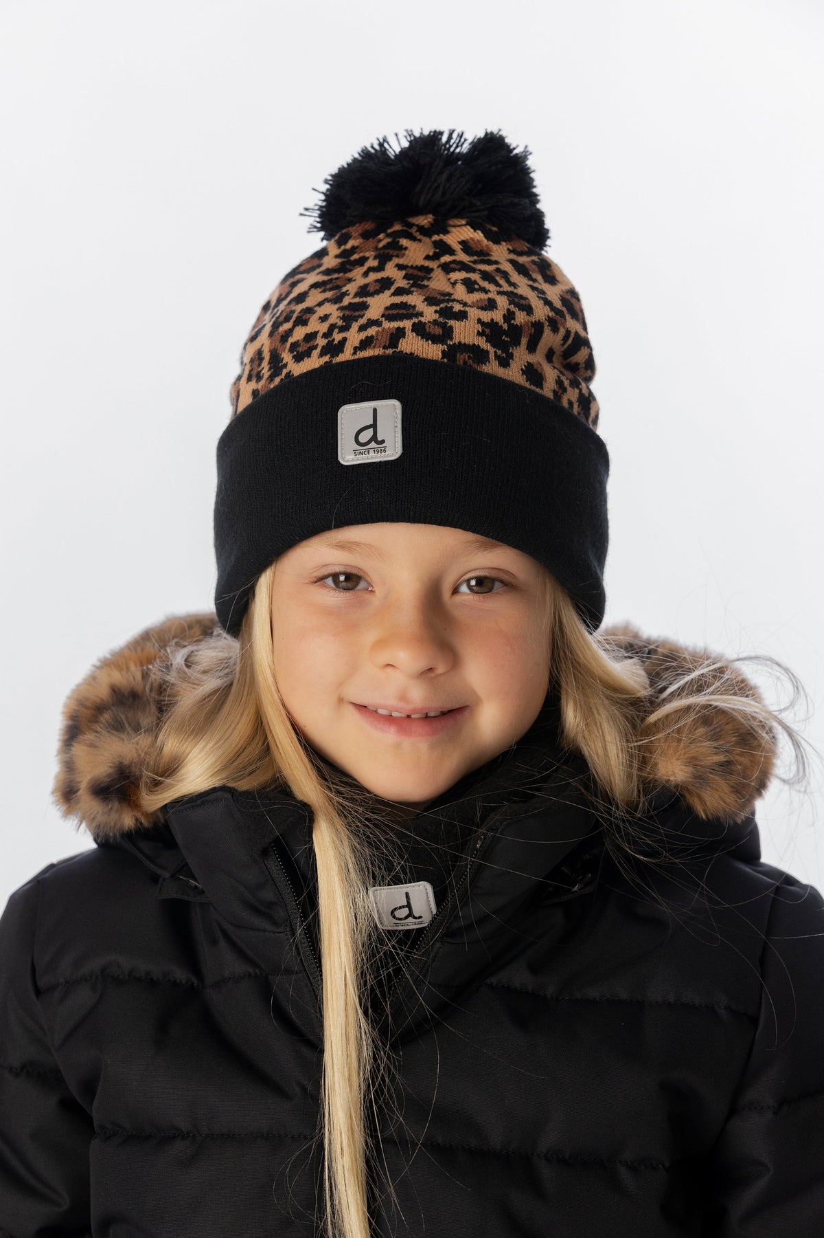 Deux par Deux Winter Knit Hat With Pompom Brown Leopard Print