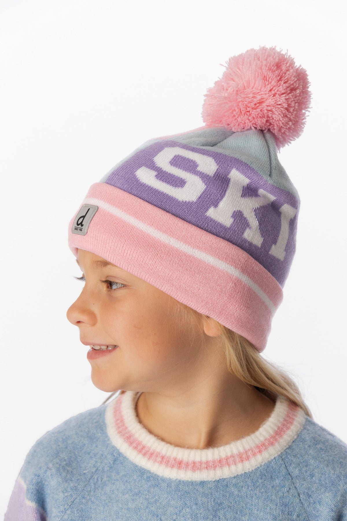 Winter Knit Hat With Pompom Light Blue And Light Pink-1