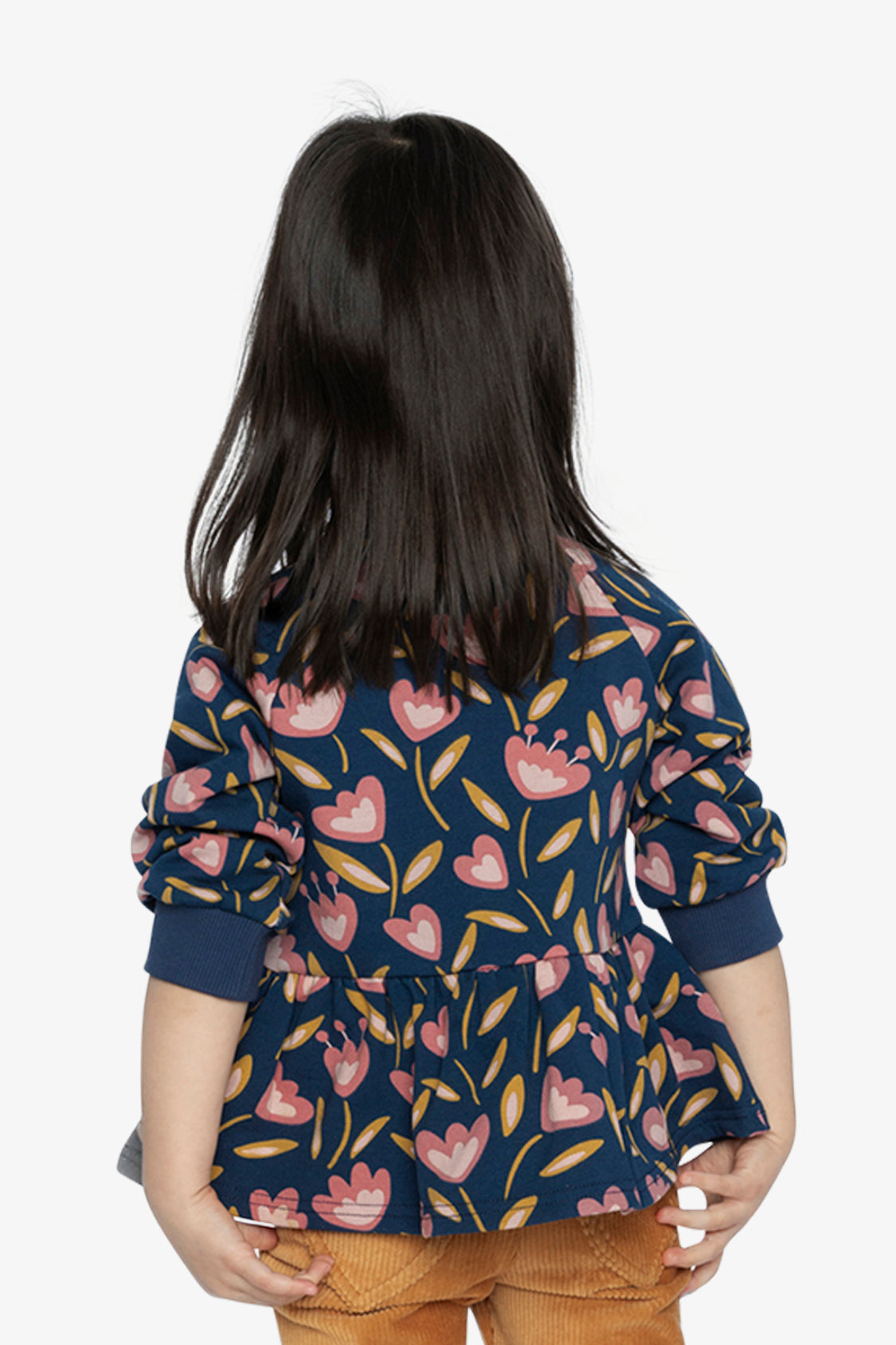 Child wearing Deux par Deux blue tulip print French terry top, lookbook view 4