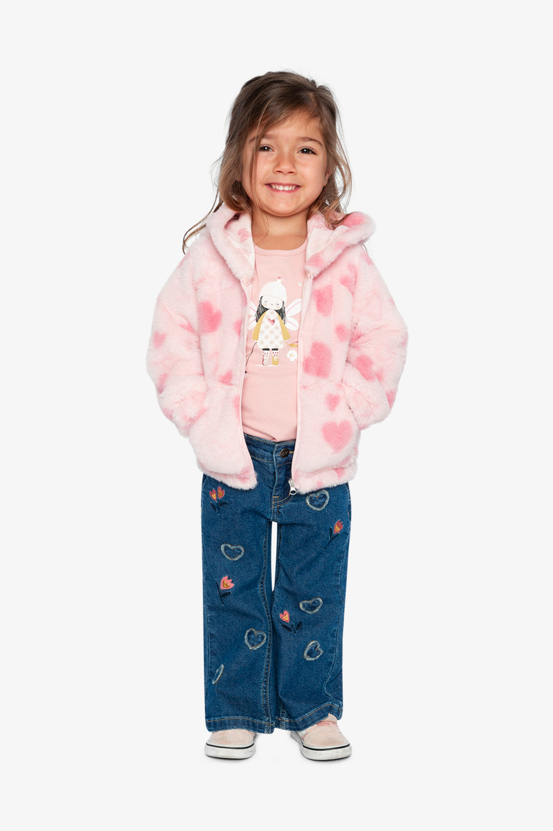 Hooded Full Zip Faux Fur Jacket Pink Printed With Hearts-1
