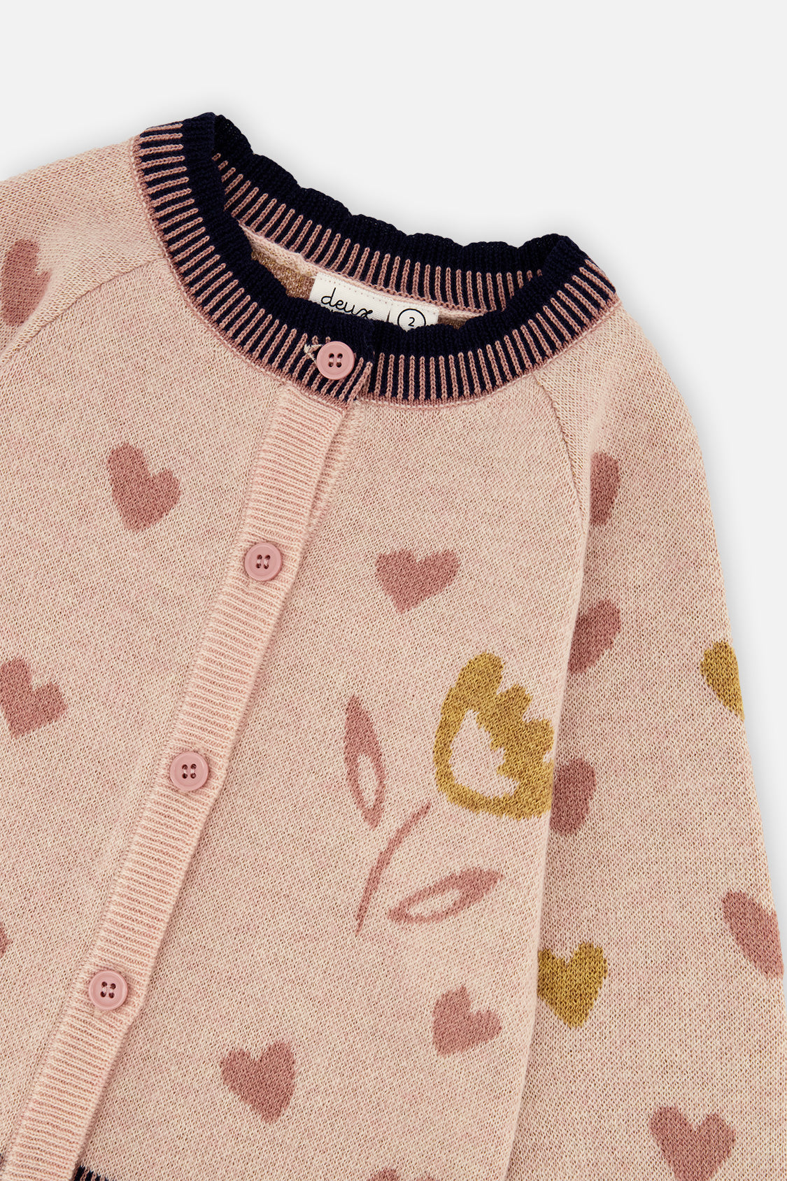 Deux par Deux pale dusty pink and navy heart cardigan, second alternate view