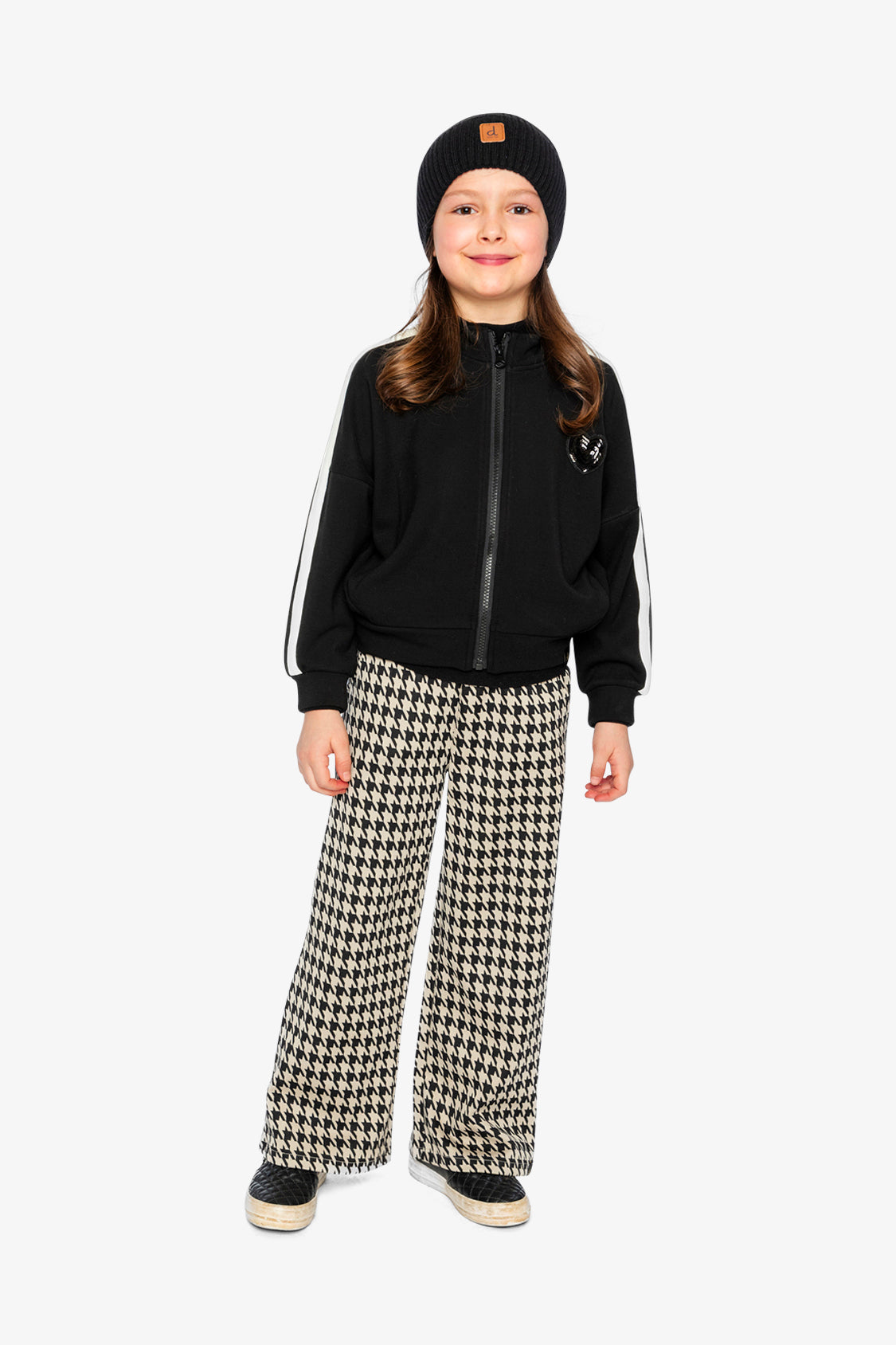 Deux par Deux Flare Pants Black And Beige Houndstooth