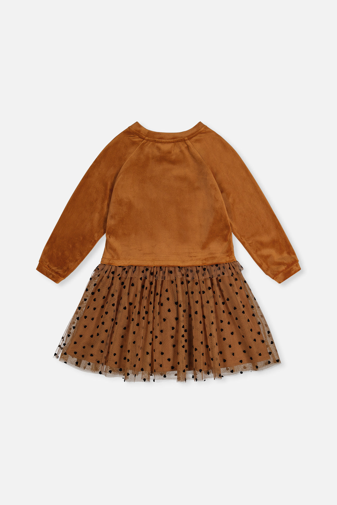 Deux par Deux girls' brown velvet and polka dot mesh dress, back view