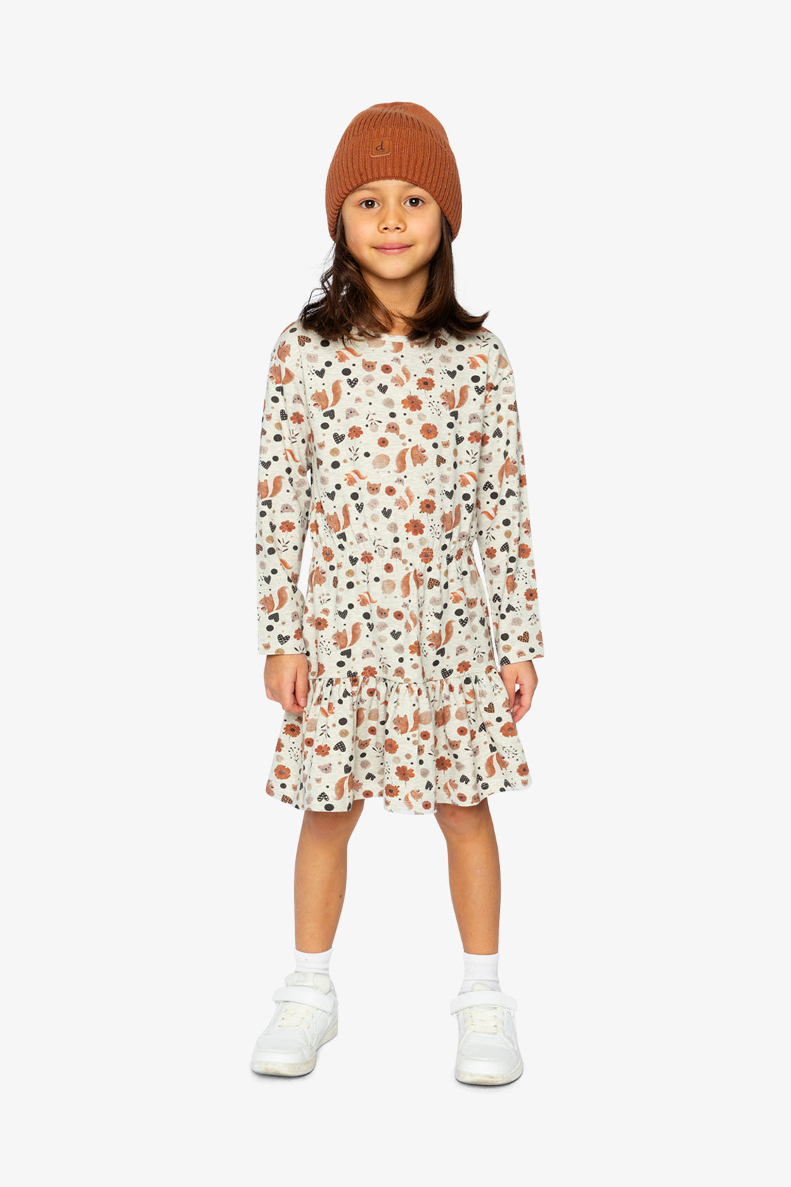 Organic Cotton Dress Beige With Squirrel Print-1