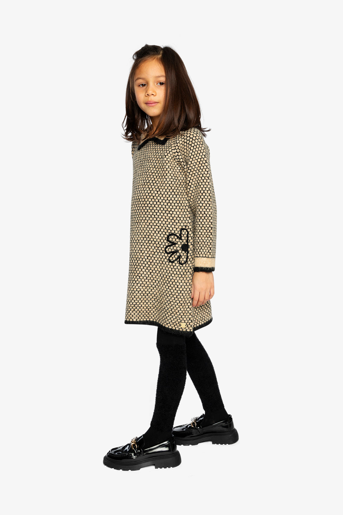 Knit Dress With Collar Beige And Black-2