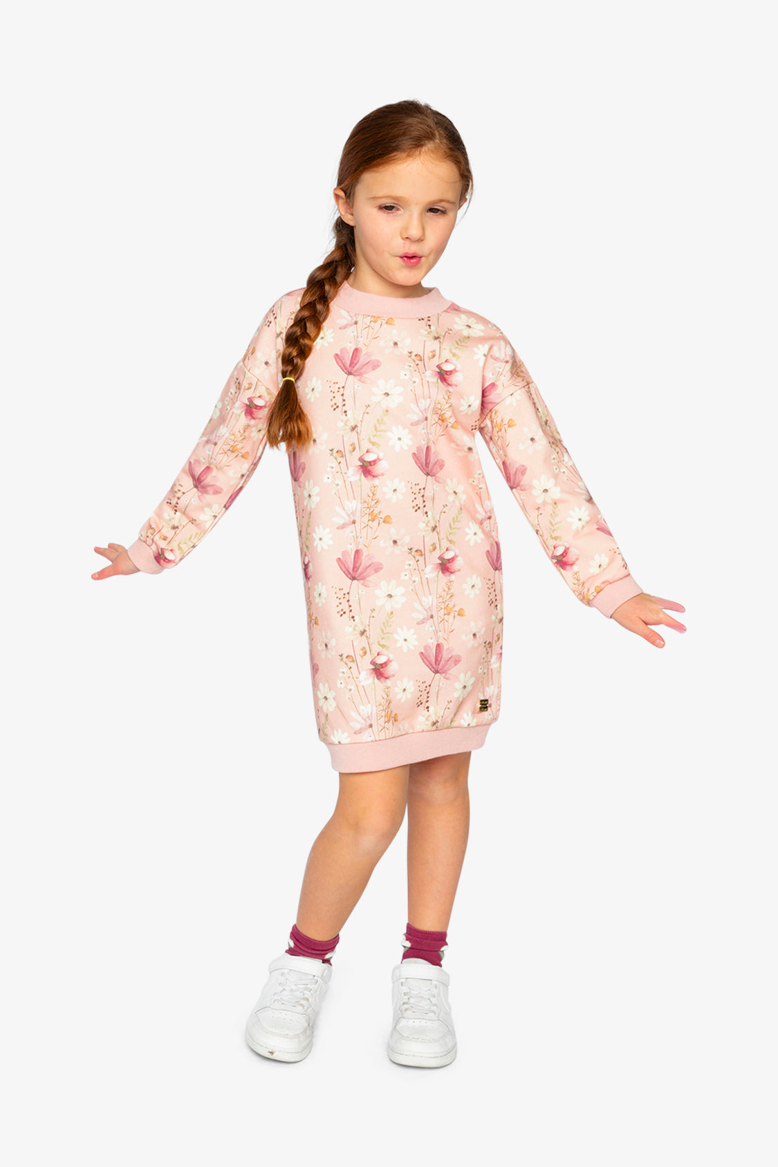 French Terry Dress Pink Printed Flowers-1