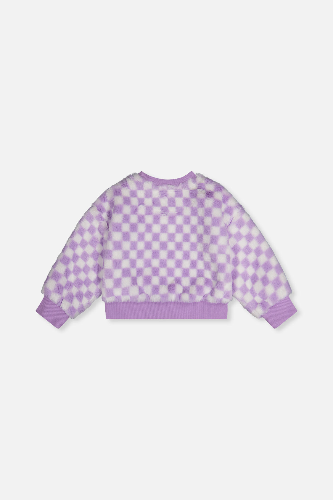 Deux par Deux lilac and white checkered faux fur top, flat lay back view