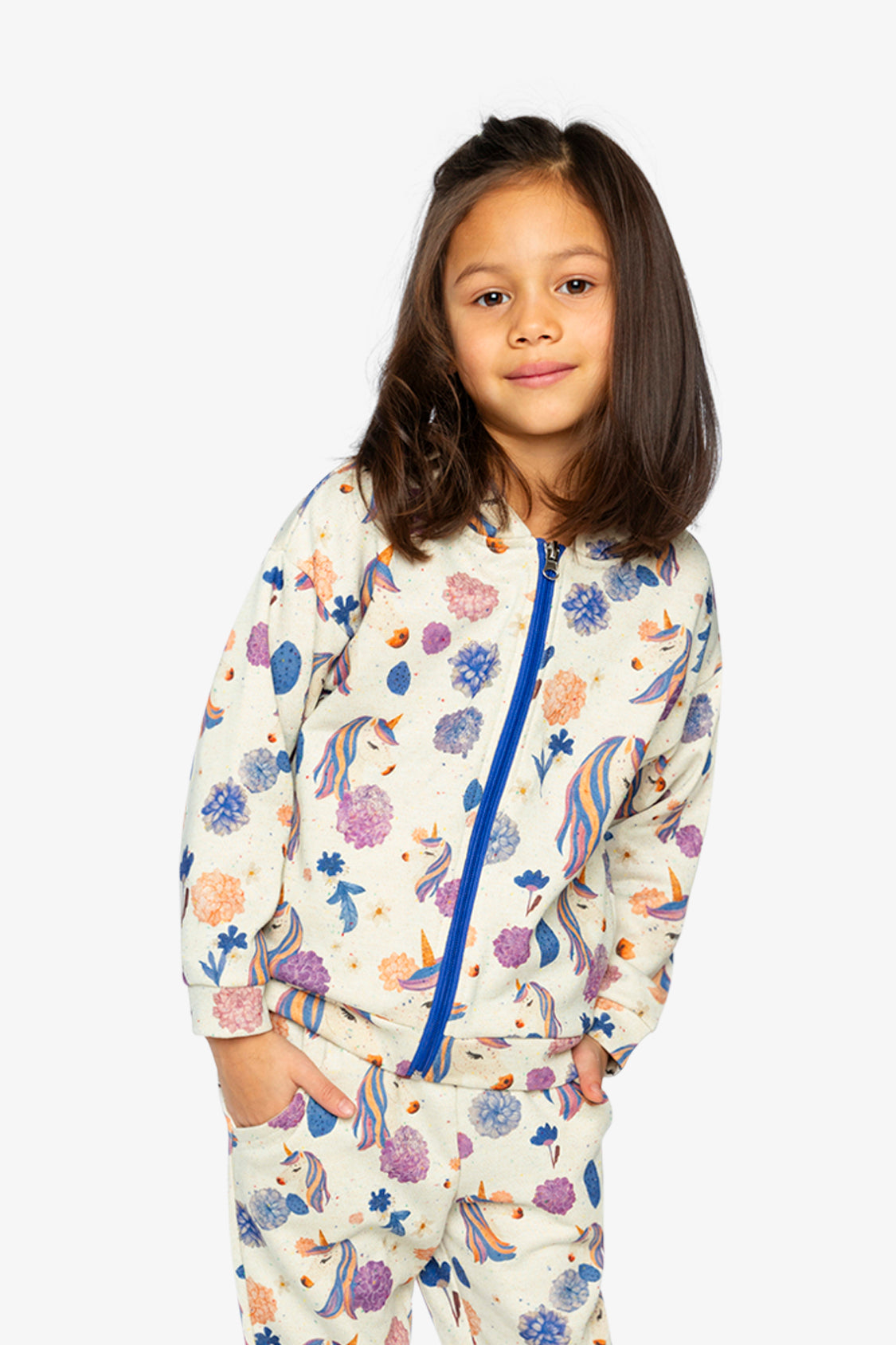 Hooded Zipped French Terry Cardigan Beige Unicorn Print-1