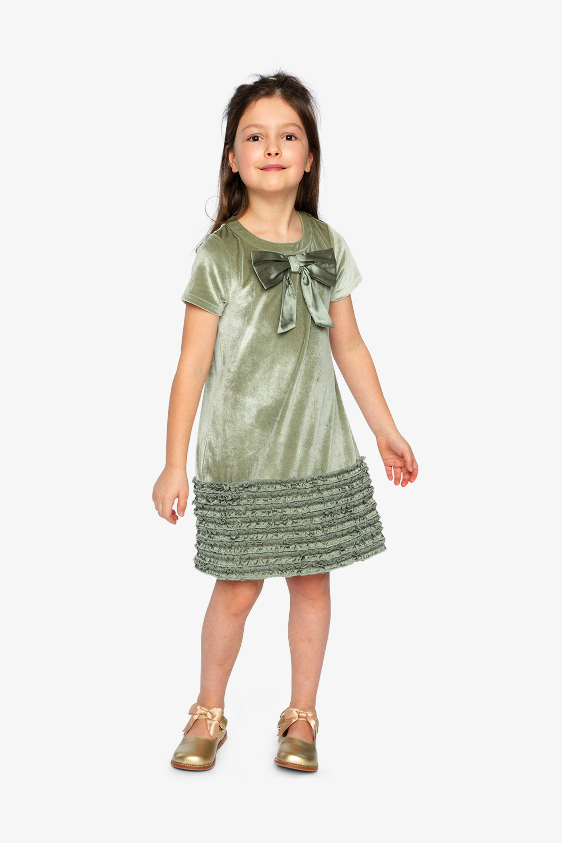 Short Sleeve A Line Dress With Bow Greyish Green-2