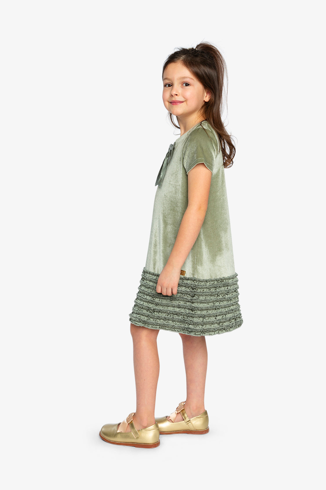 Short Sleeve A Line Dress With Bow Greyish Green-3