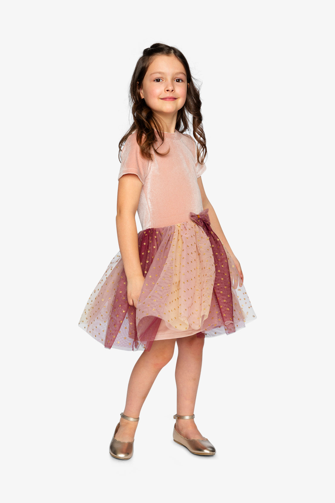 Bi-Material Dress With Gradient Print Skirt Pink-2
