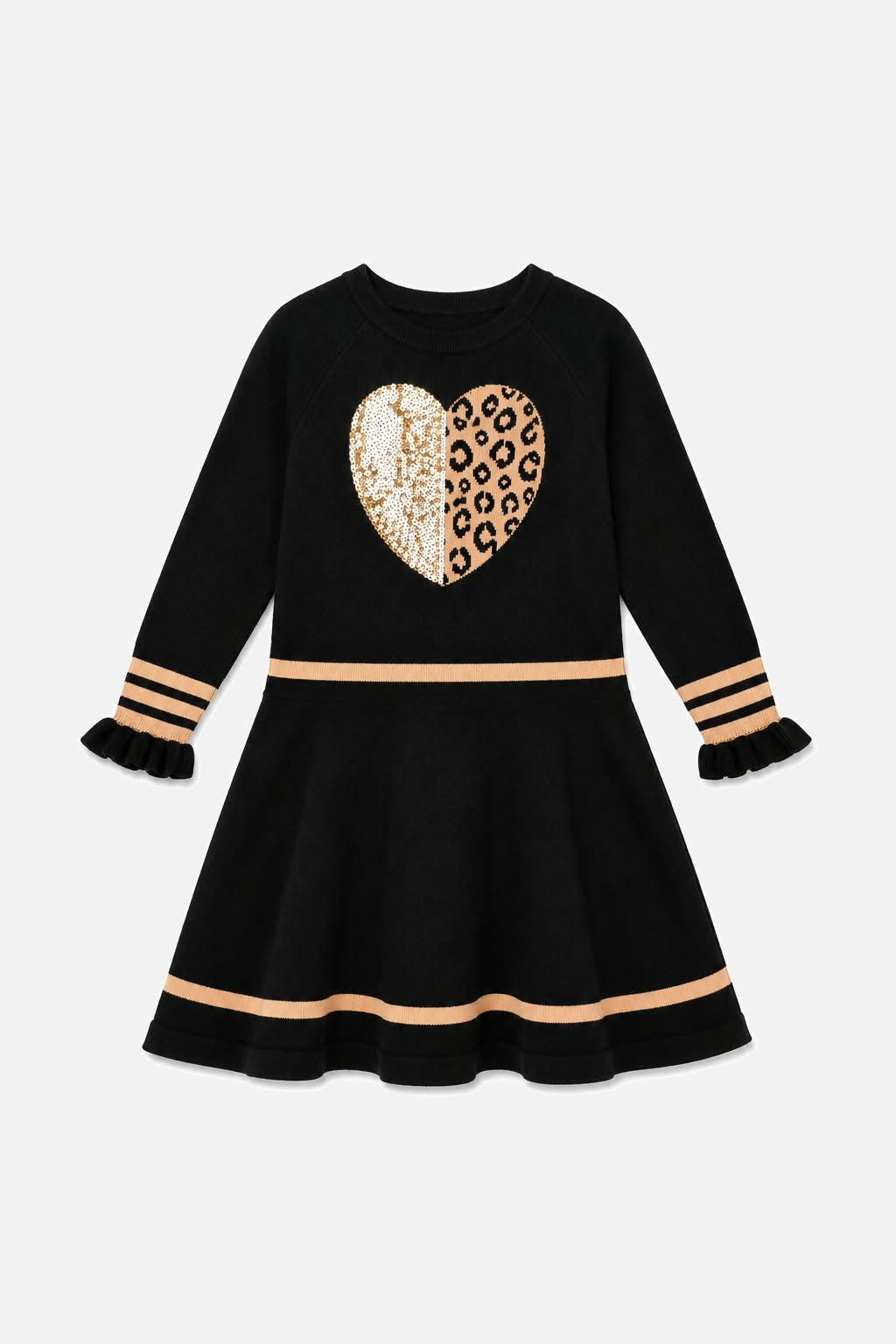 Deux par Deux girls' black and beige colorblock knit dress with pleated skirt, front view