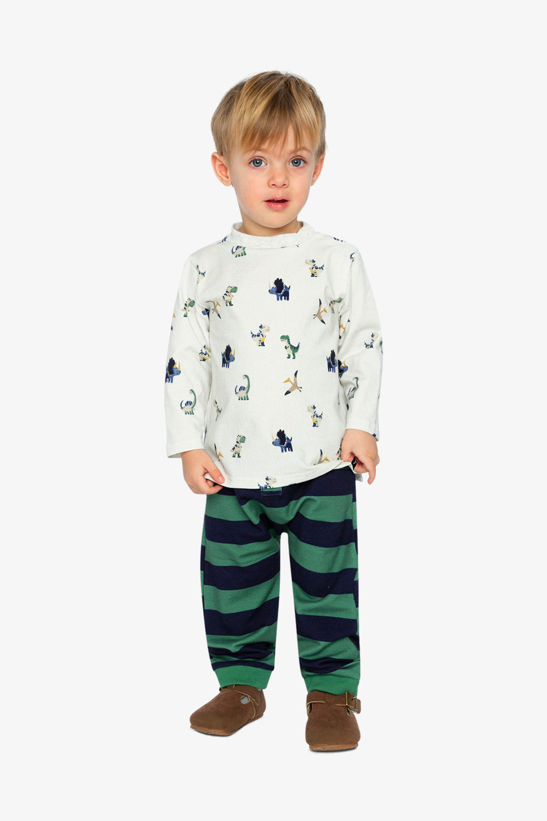Baby Cotton T-Shirt & Fleece Pant Set Beige Dinosaur Print-1