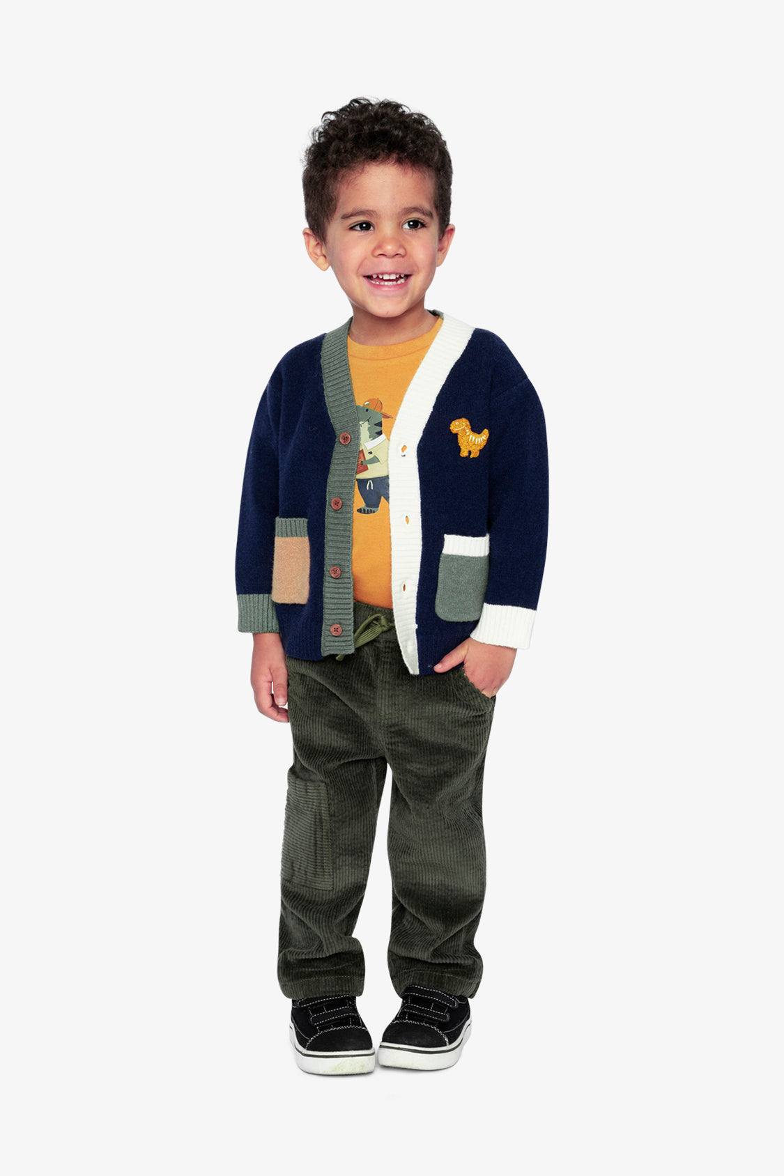 Deux par Deux Knit Cardigan With Dino Dark Blue, Green And Yellow