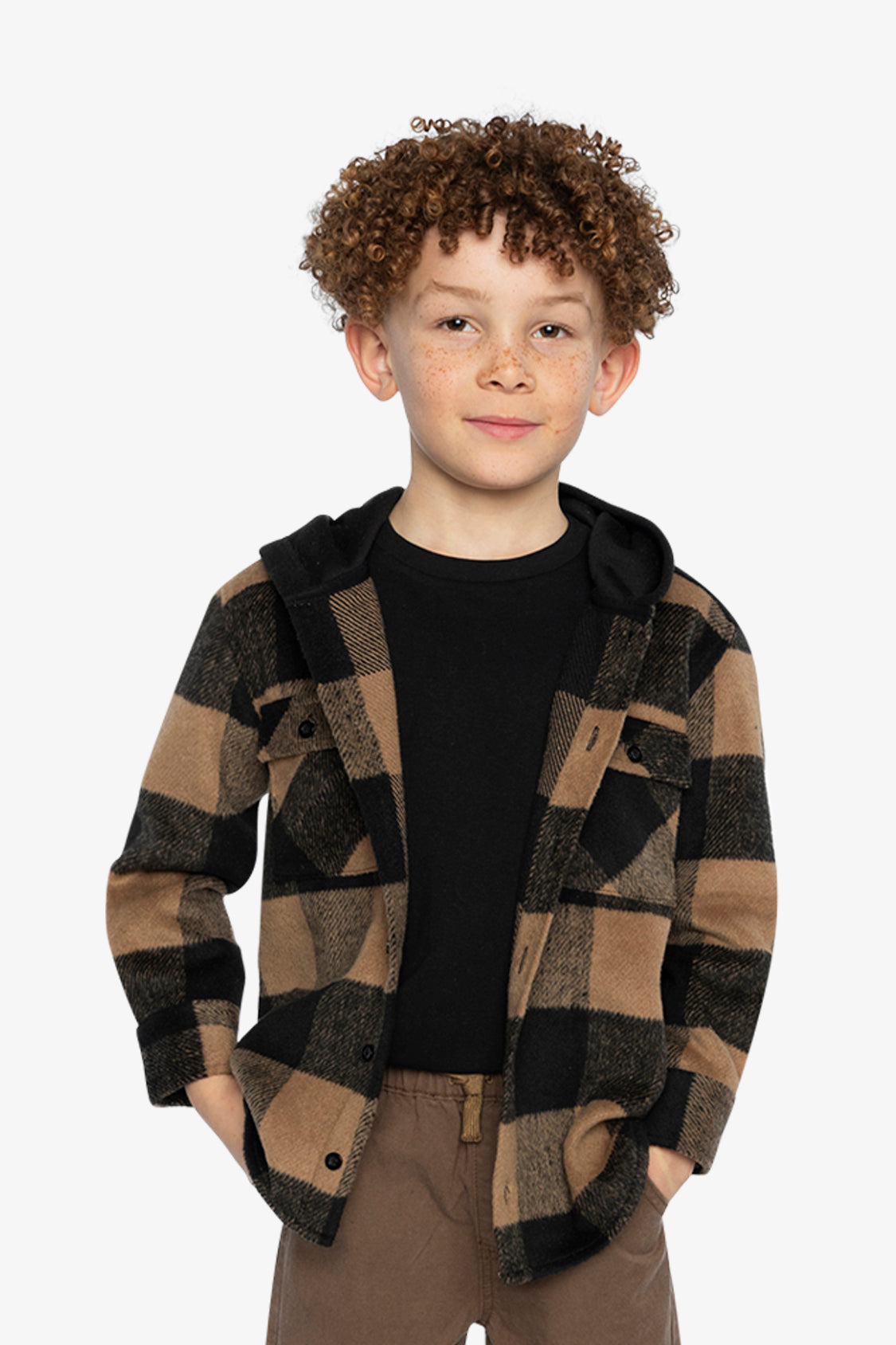 Flannel Shirt With Fleece Hood Brown And Black Plaid-1