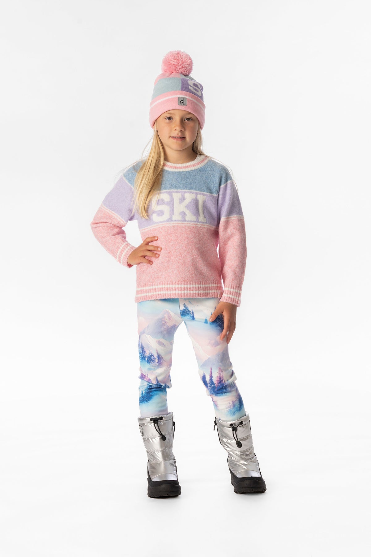 Child wearing the Deux par Deux light blue and light pink SKI jacquard sweater