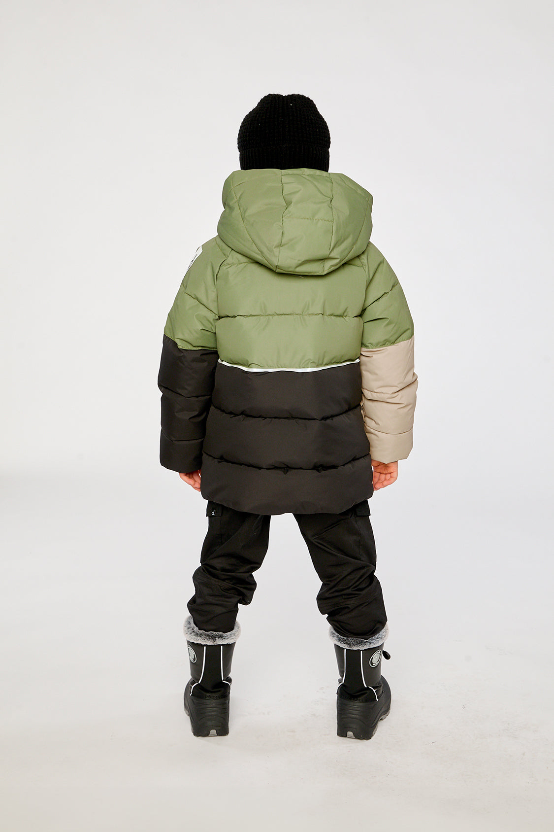 Child wearing the Deux par Deux olive green color-block winter jacket, view 3