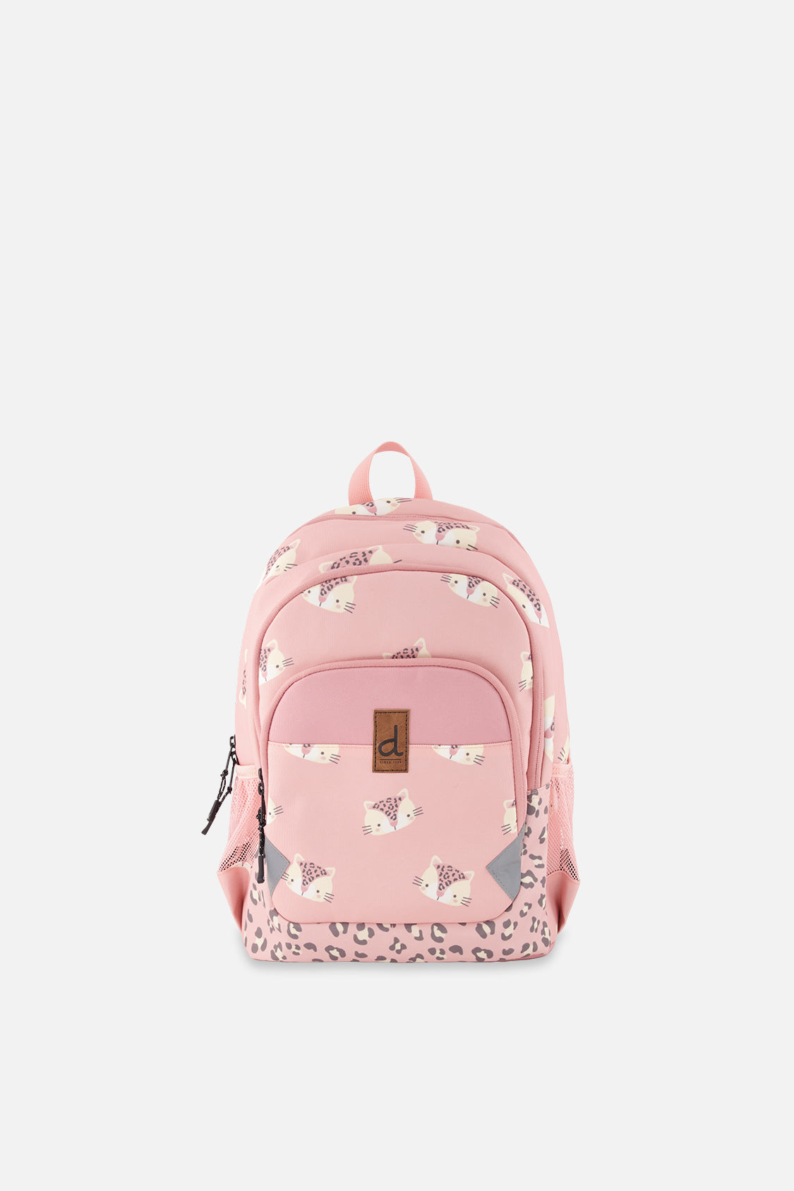 Deux par Deux little kids backpack in Pink leopard print with front compartments, top handle, and padded straps.