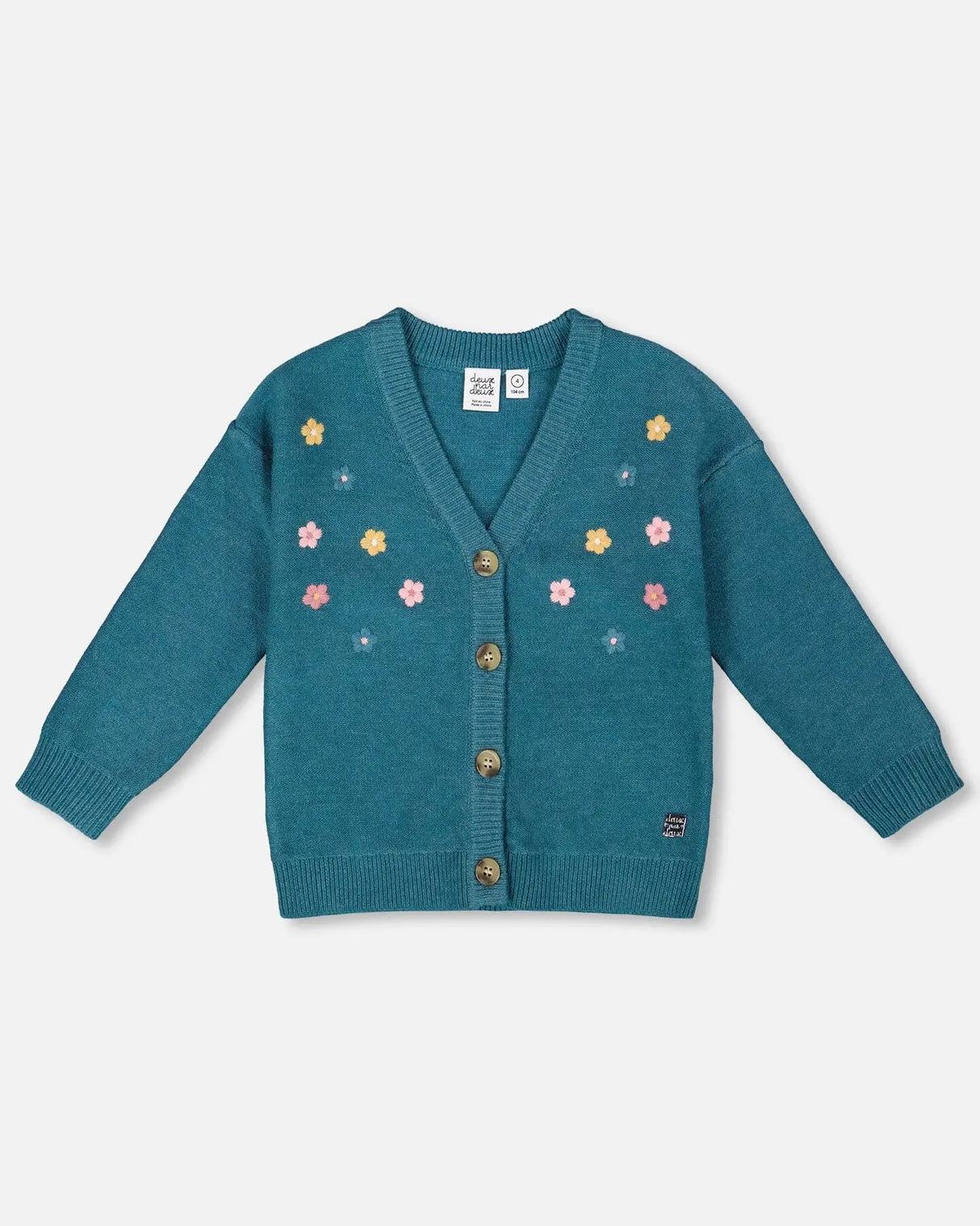 Knitted Cardigan Dark Green With Flower Embroidery | Deux par Deux | Jenni Kidz