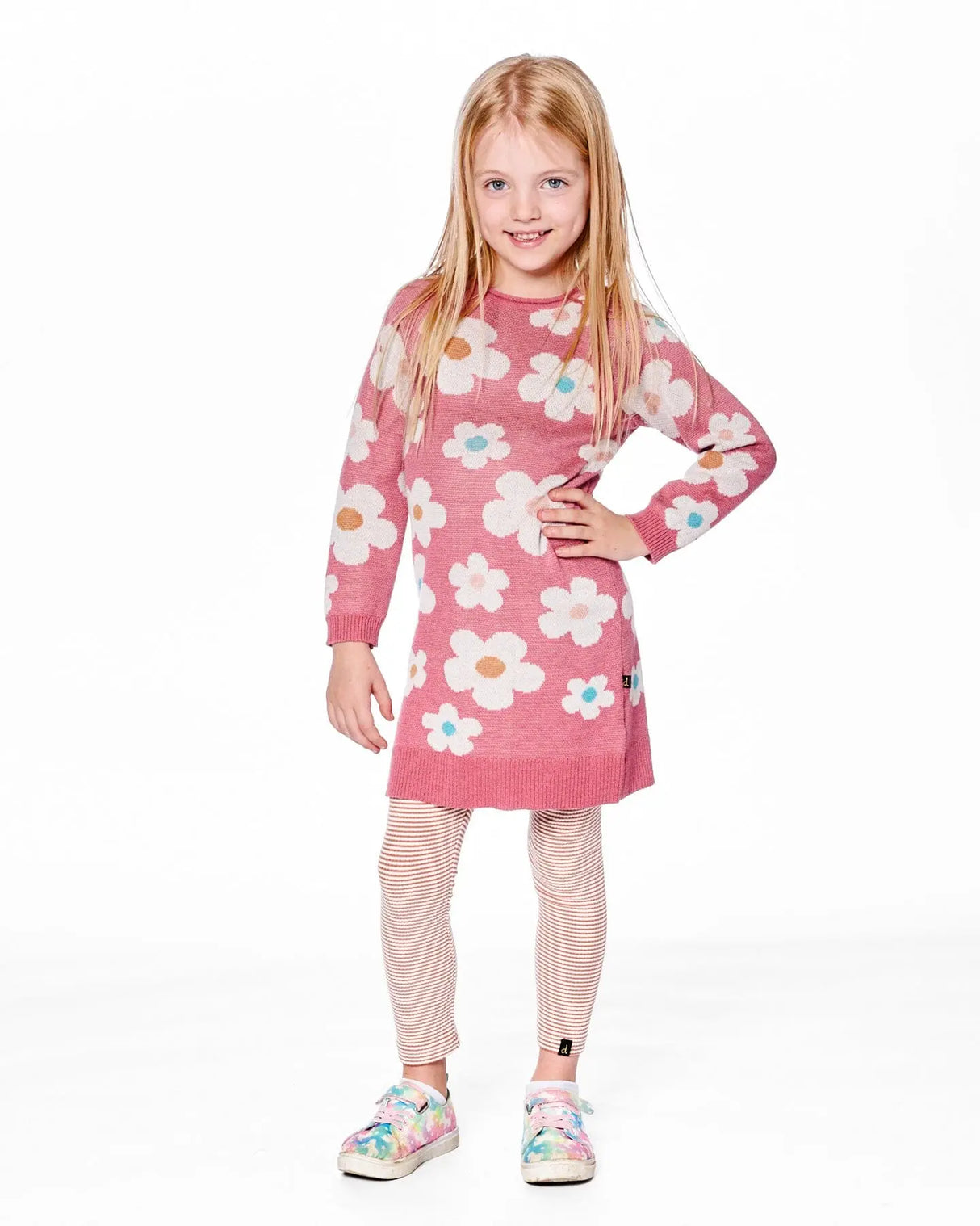 Knitted Dress With Flower Jacquard Old Pink And Beige | Deux par Deux | Jenni Kidz