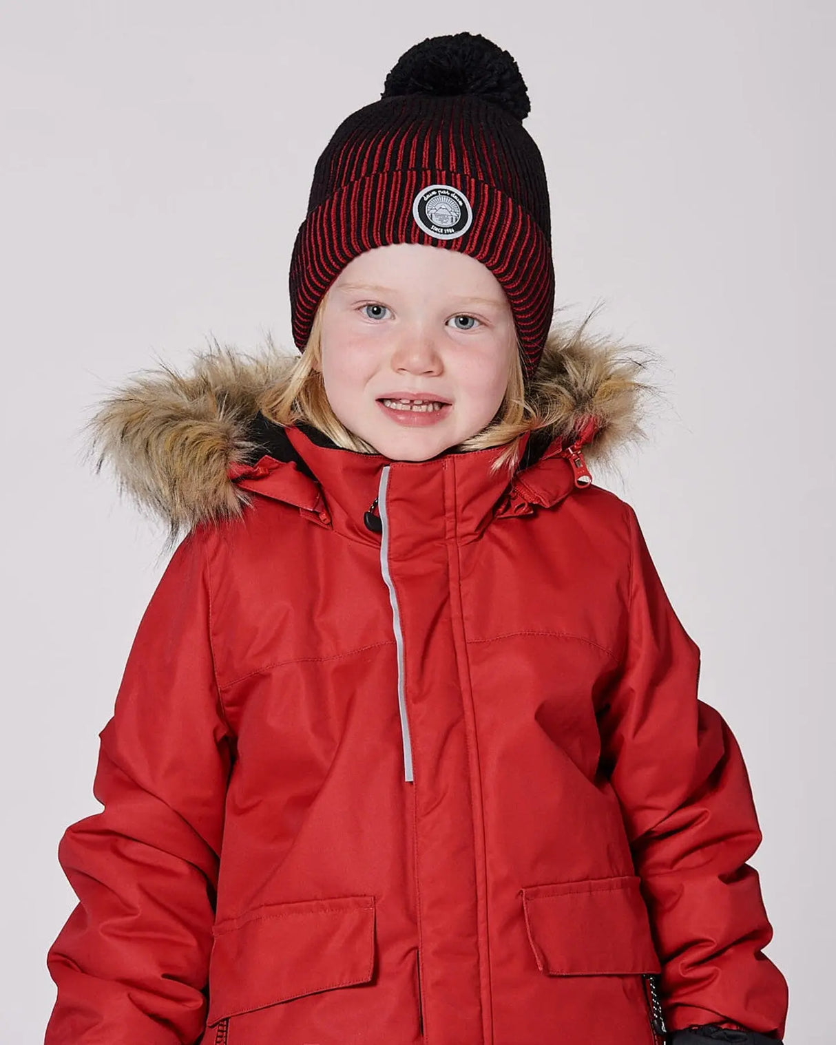 Lined Knit Pompom Hat Red And Black | Deux par Deux | Jenni Kidz