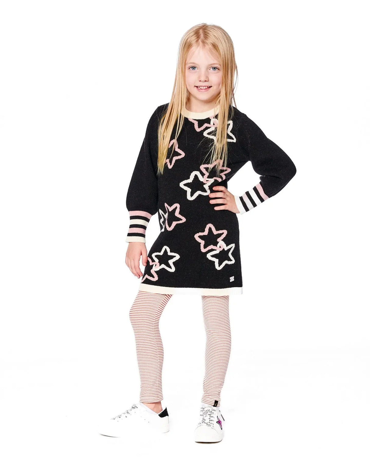 Long Sleeve Knit Dress Black With Stars | Deux par Deux | Jenni Kidz
