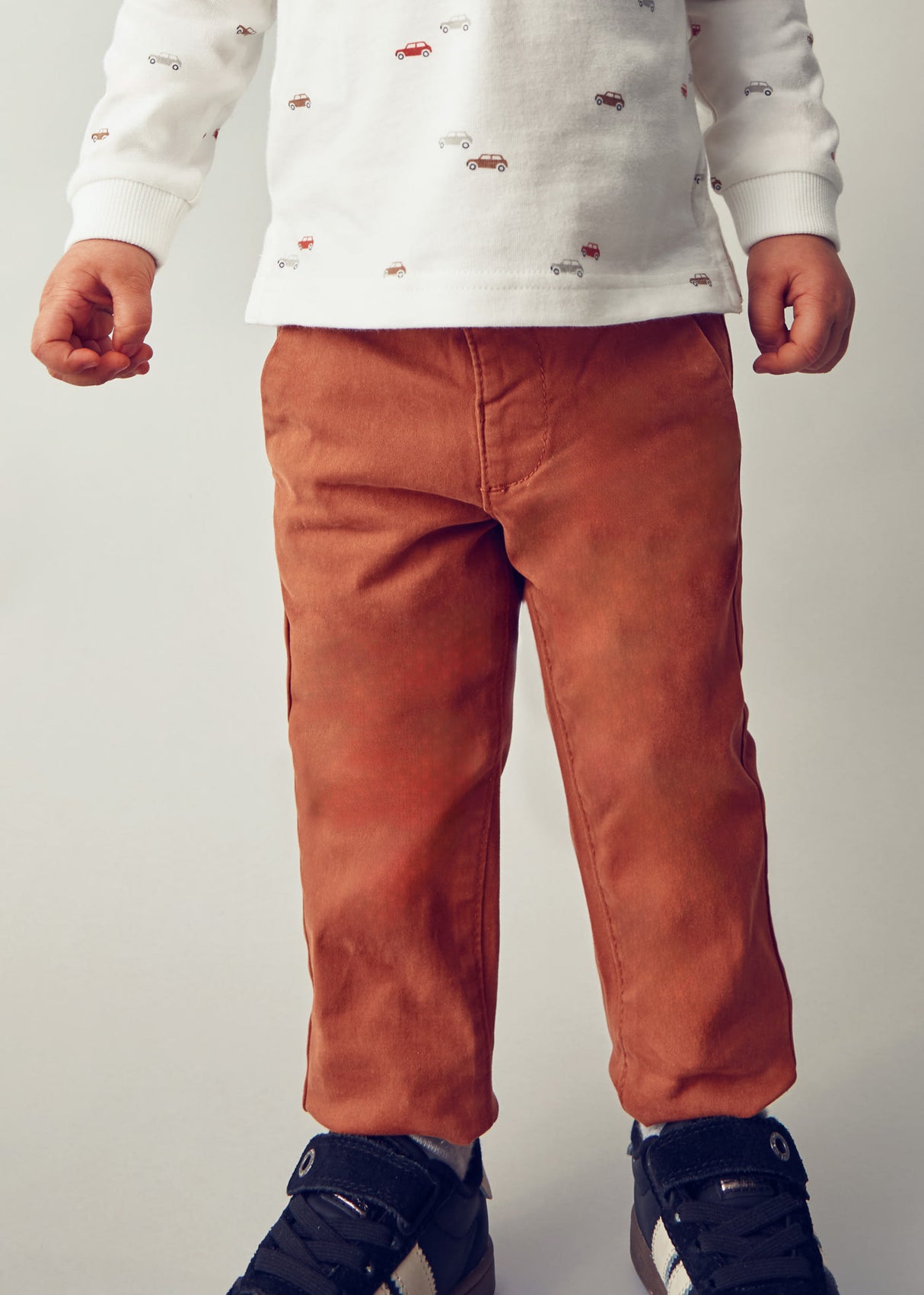 Full view of Brown/Rust chinos styled for everyday outfits.