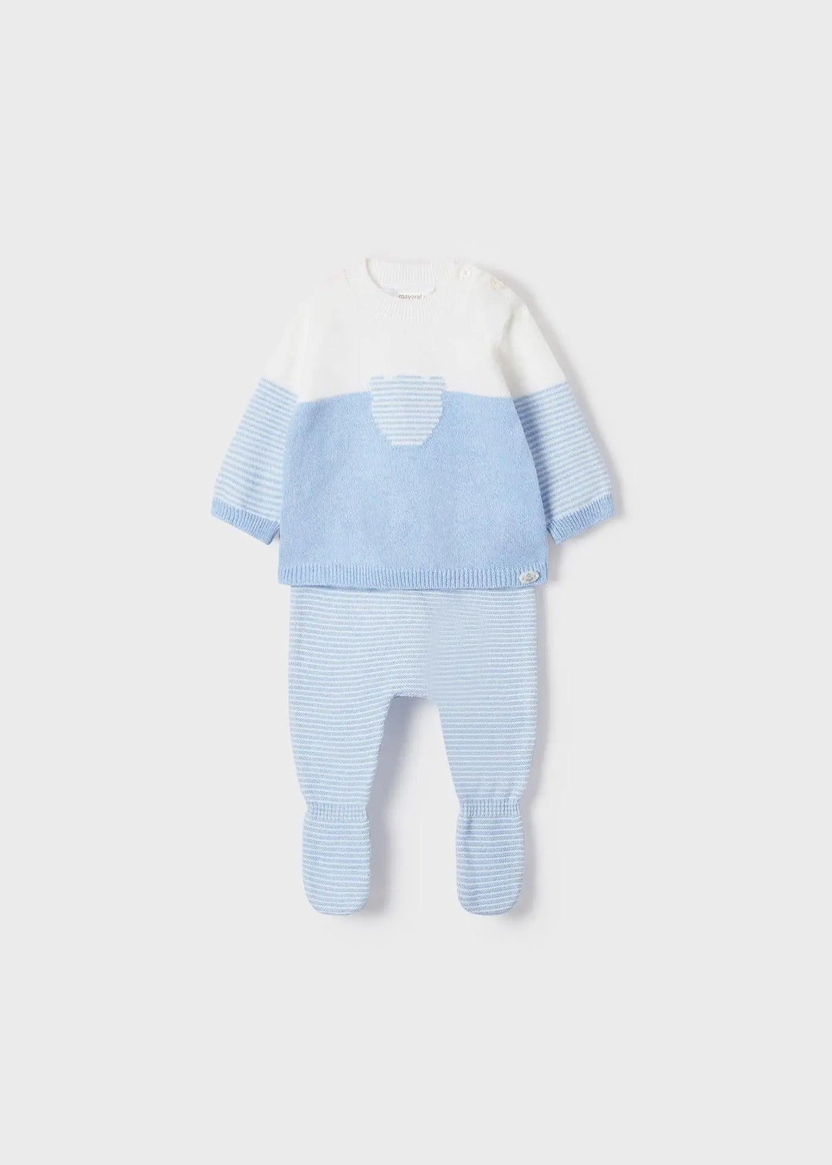 Front flat lay of Mayoral newborn boy baby outfit set in Blue/Ivory stripes (jumper + leggings).