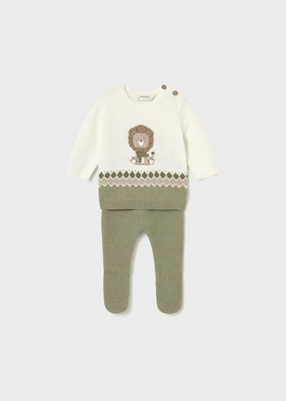 Front flat lay of Mayoral newborn knit baby outfit set in Ivory/Olive with jacquard sweatshirt and leggings.