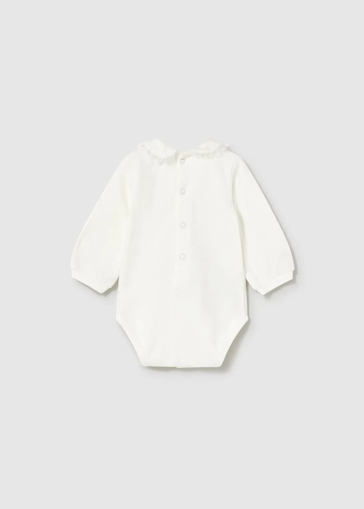 Ivory long-sleeve newborn bodysuit showing back-neck and crotch snaps