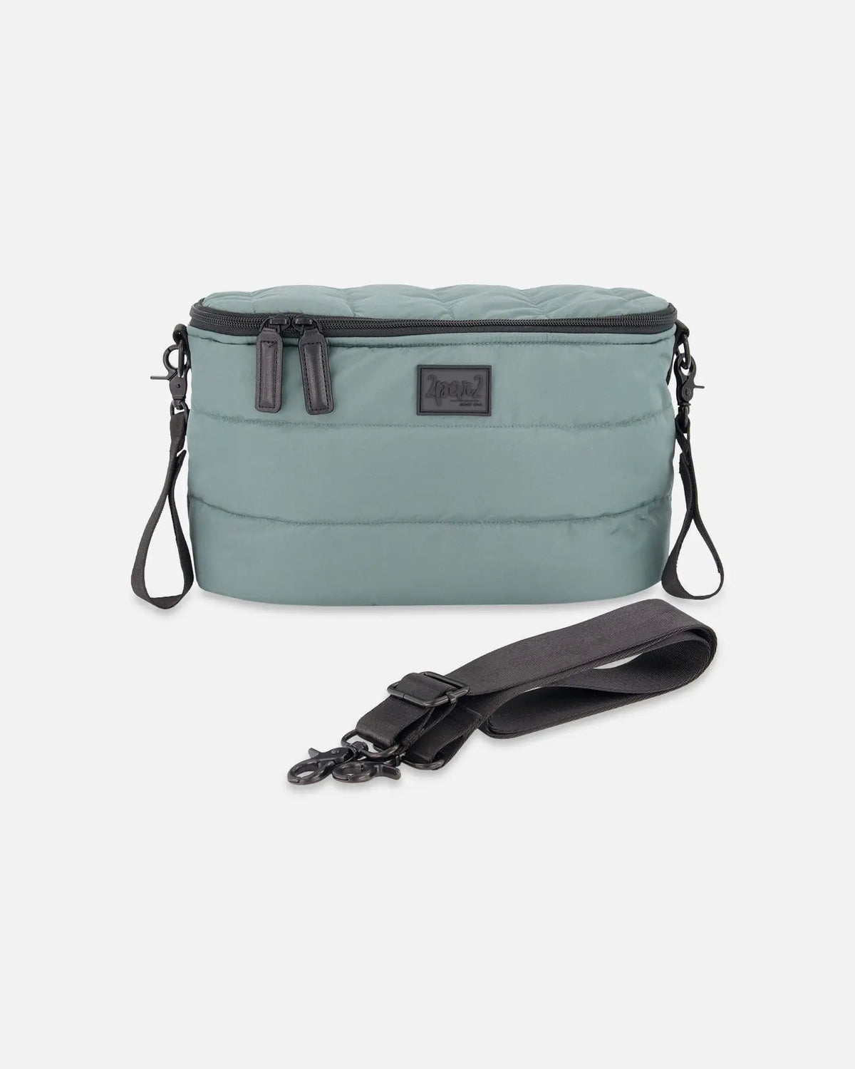 Quilted mini diaper bag for strollers in sage green with black stroller clips and a detachable shoulder strap