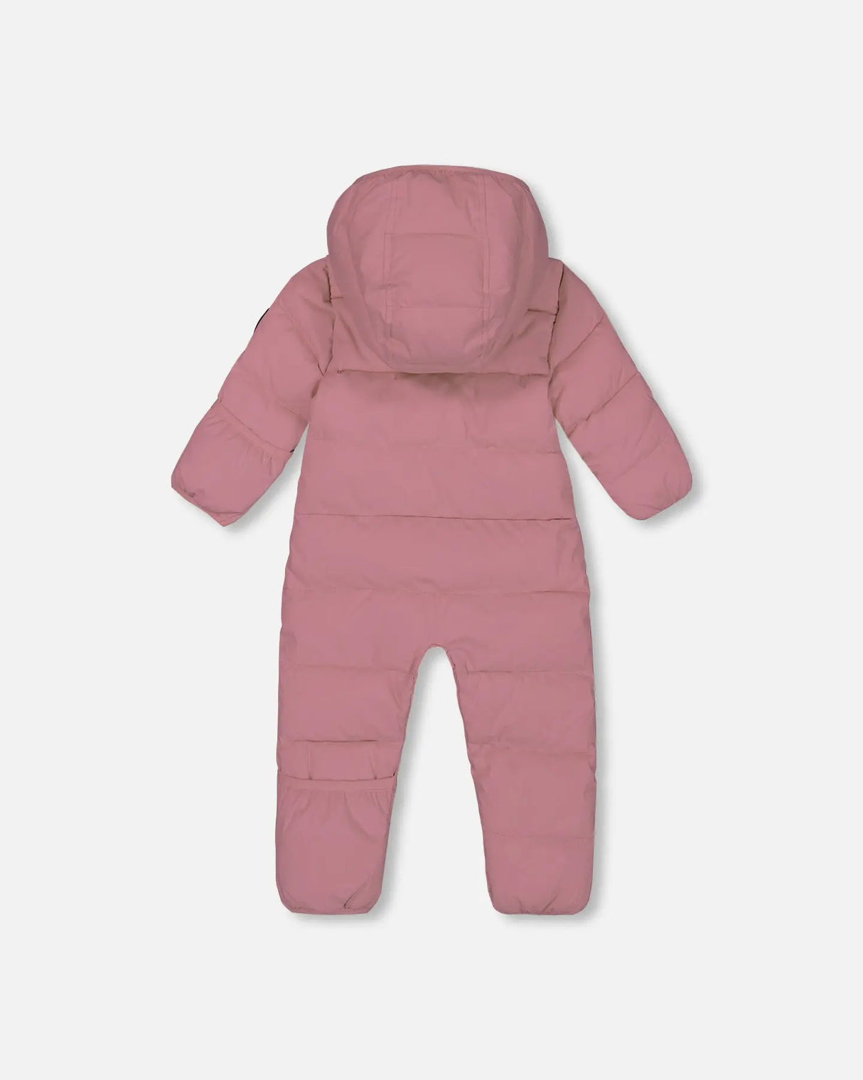 Back view of Deux Par Deux one-piece baby snowsuit dusty pink