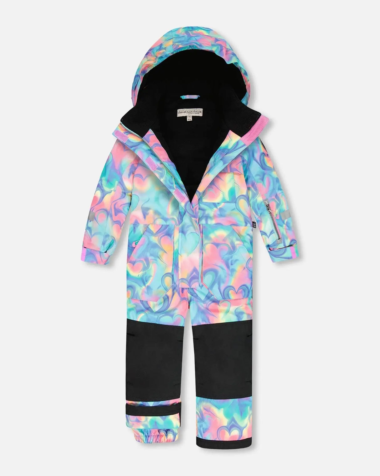Flat lay — Rainbow Heart one-piece snowsuit, ships fast — buy now.