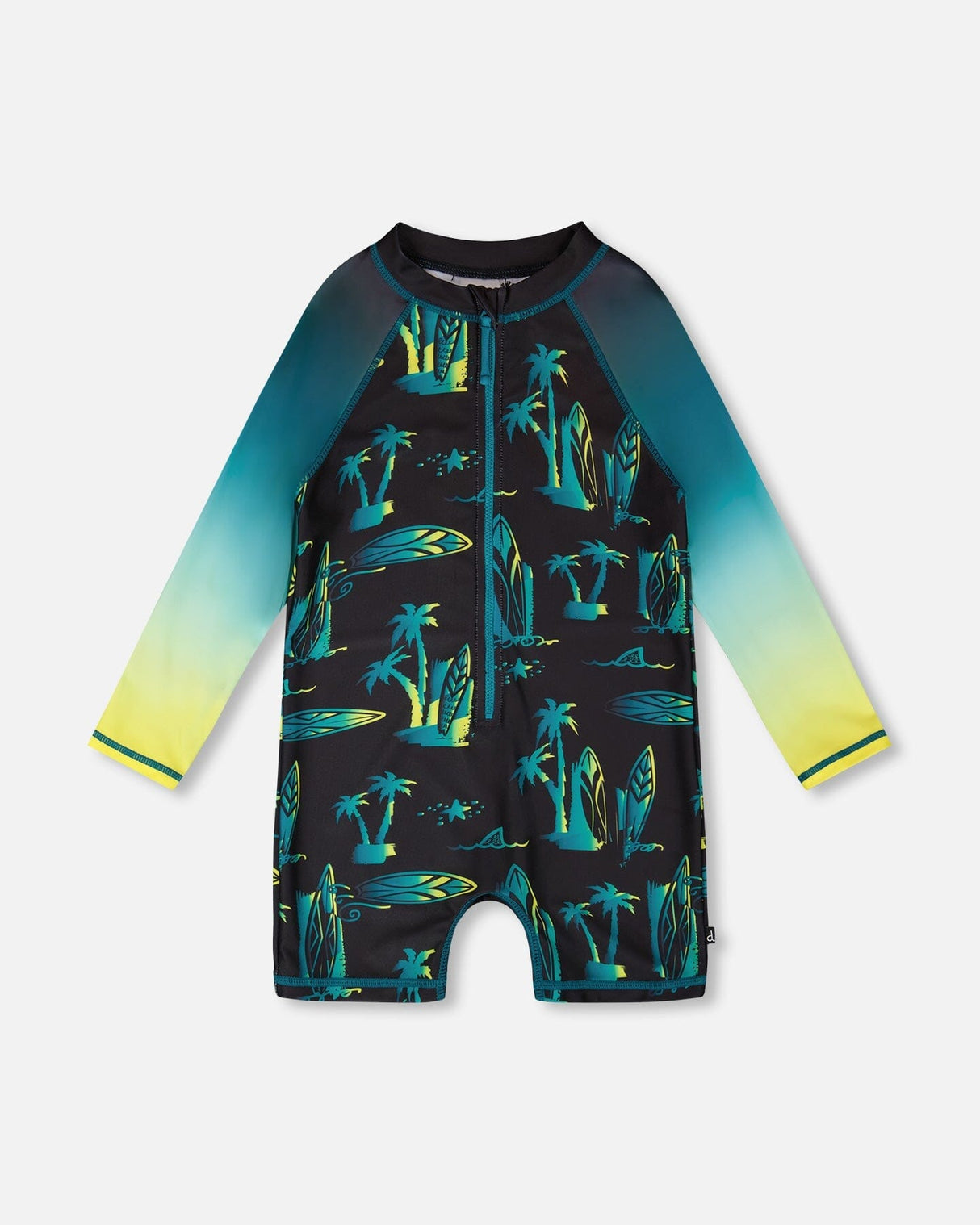 Front flat lay of Deux par Deux boy long sleeve one-piece swimsuit in black surf print with gradient sleeves